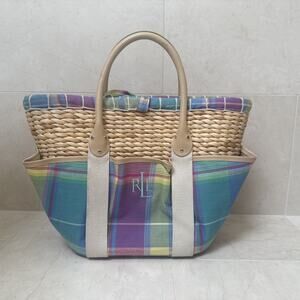 Ralph Lauren Plaid Raffia Tote Bag Pastel Straw
